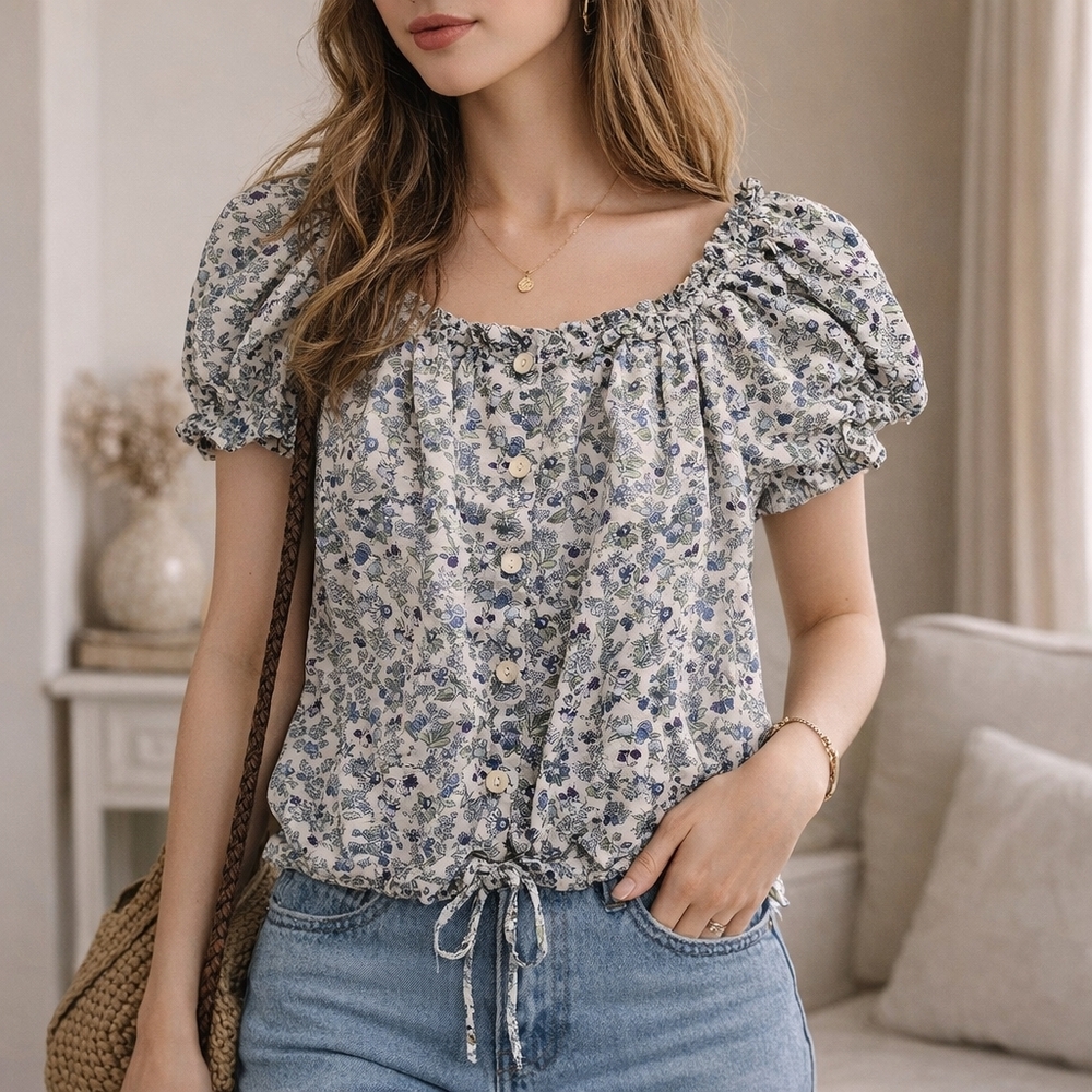 Kimchi & Blue Floral Peasant Blouse XS Puff Sleeve Button Front Boho Cottagecore